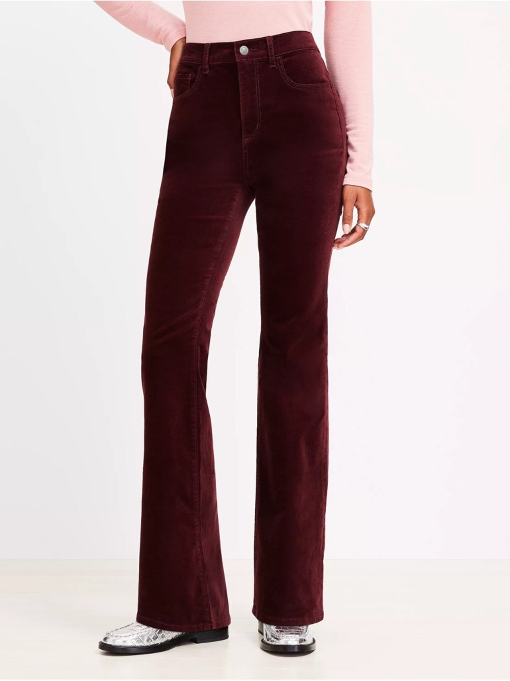 NWT LOFT Slim Flare Pants Velvet Burgundy 5 Pocket Size‎ 4/27